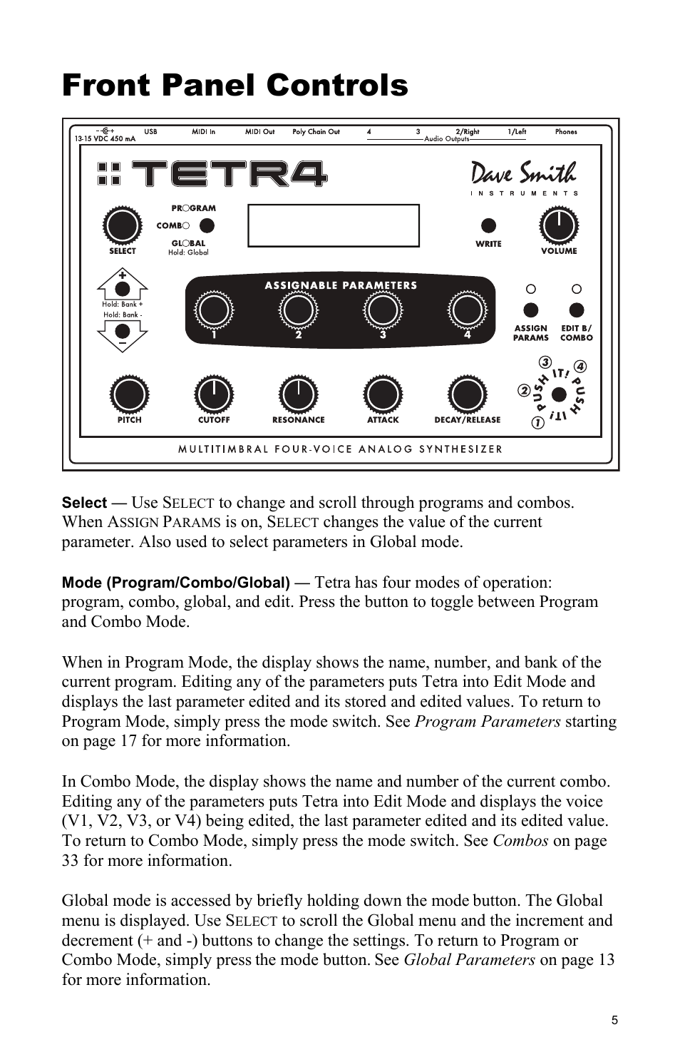 Front panel controls | Dave Smith Instruments TETRA User Manual | Page 11 / 76