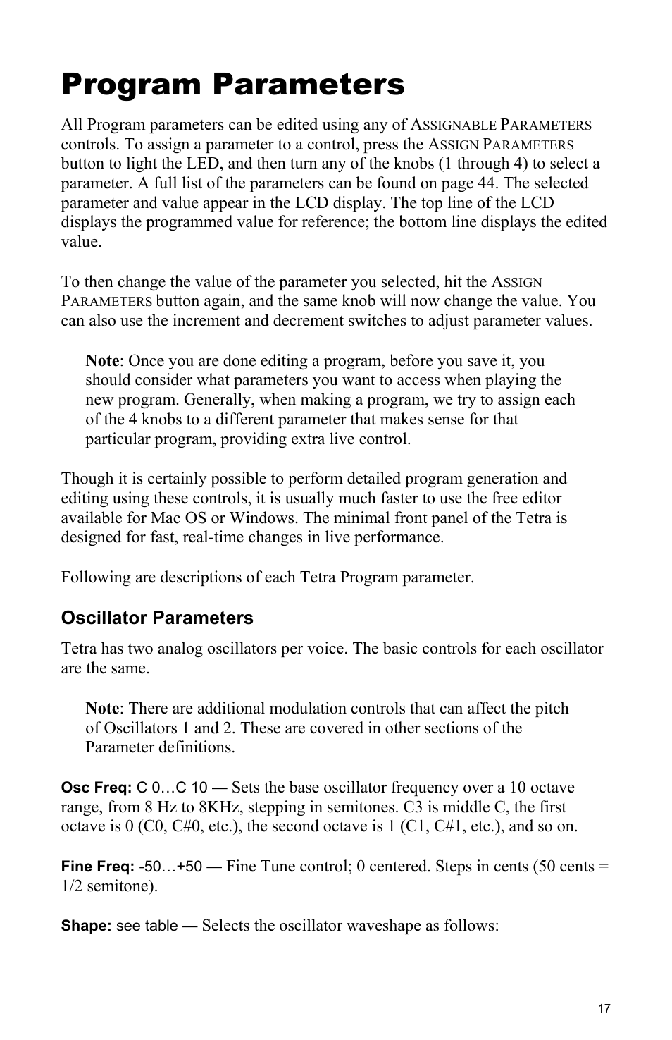 Program parameters | Dave Smith Instruments TETRA User Manual | Page 23 / 76