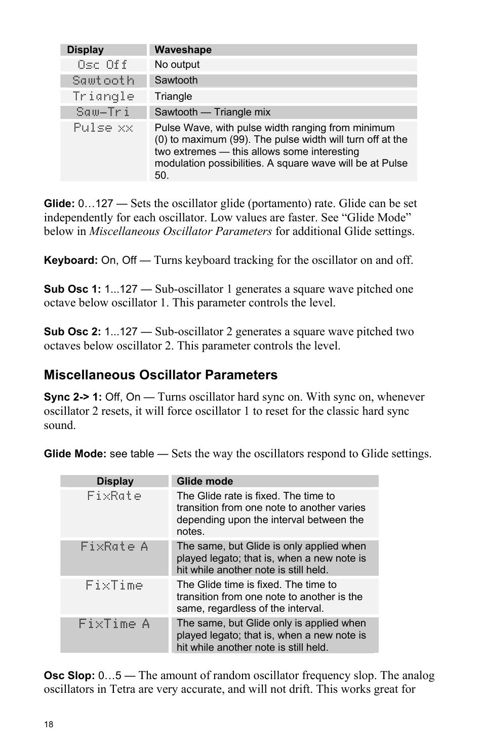 Miscellaneous oscillator parameters | Dave Smith Instruments TETRA User Manual | Page 24 / 76