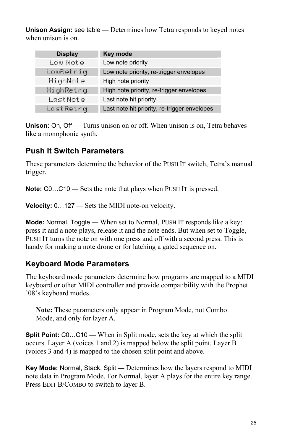 Push it switch parameters, Keyboard mode parameters | Dave Smith Instruments TETRA User Manual | Page 31 / 76