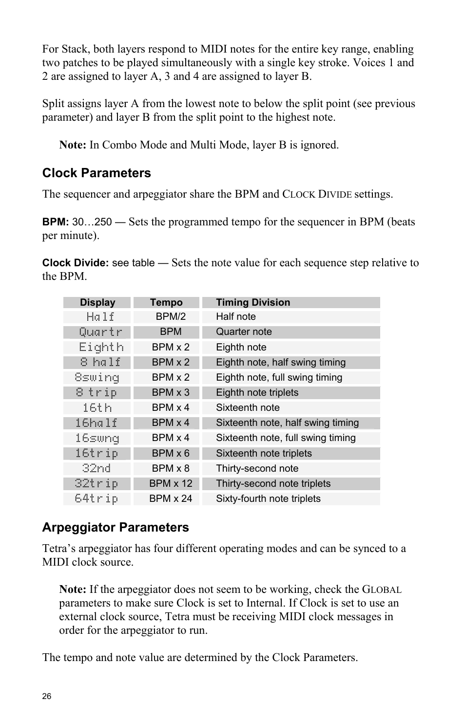 Clock parameters, Arpeggiator parameters | Dave Smith Instruments TETRA User Manual | Page 32 / 76
