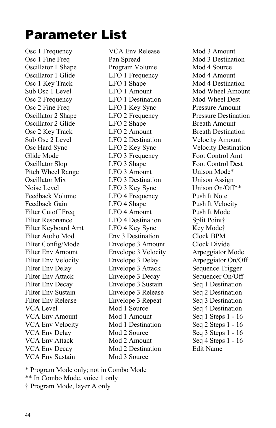 Parameter list | Dave Smith Instruments TETRA User Manual | Page 50 / 76