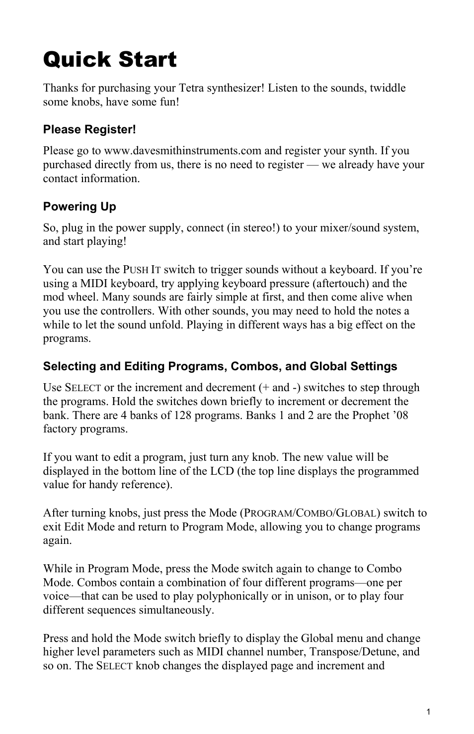 Quick start | Dave Smith Instruments TETRA User Manual | Page 7 / 76