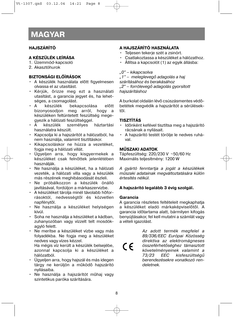 Magyar | Vitek VT-1307 User Manual | Page 10 / 16