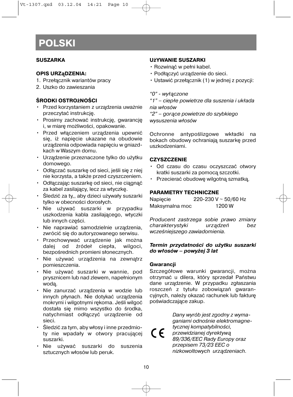 Polski | Vitek VT-1307 User Manual | Page 12 / 16