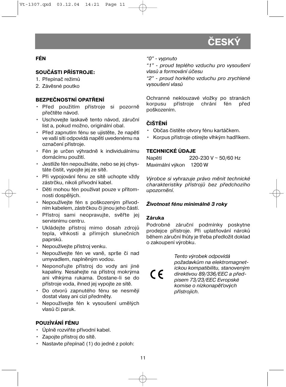 Èeský | Vitek VT-1307 User Manual | Page 13 / 16