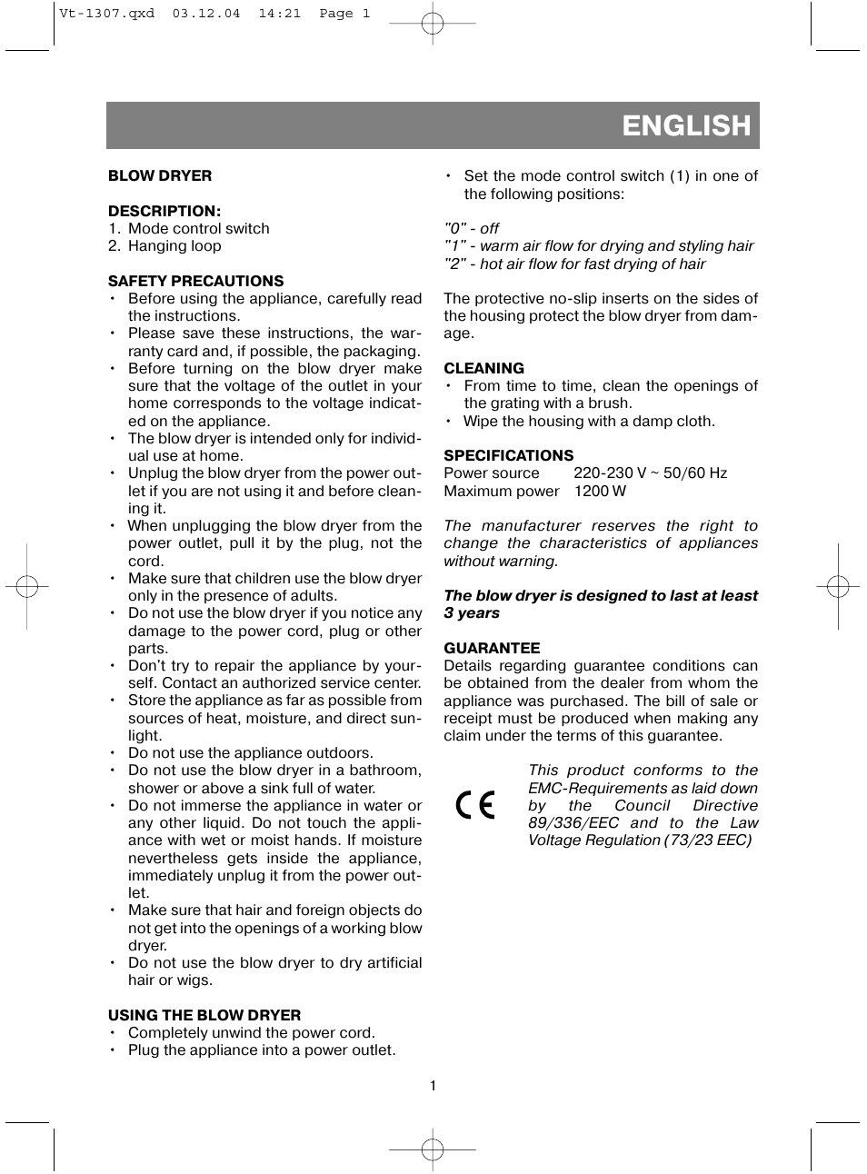 English | Vitek VT-1307 User Manual | Page 3 / 16