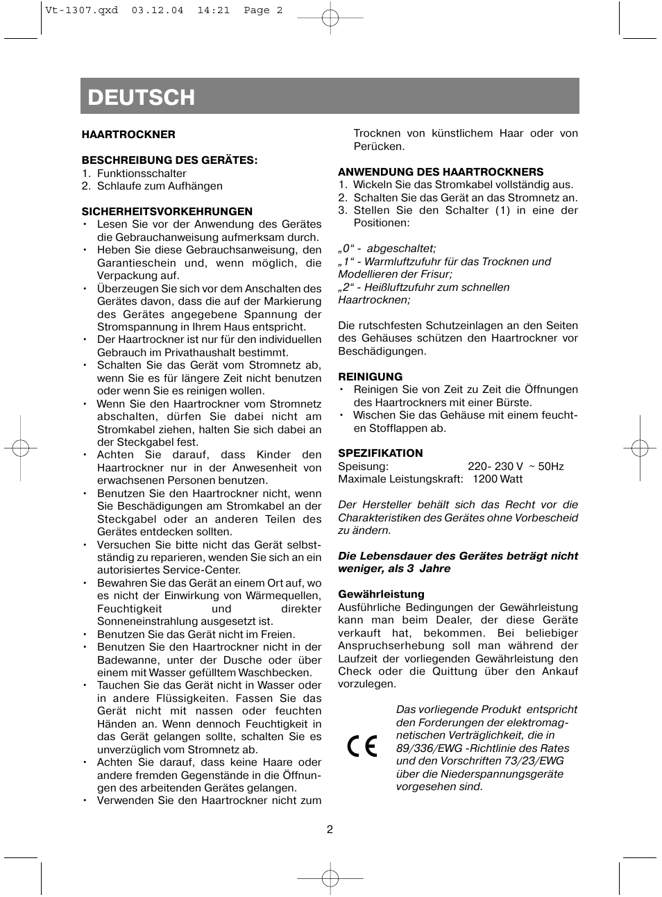 Deutsch | Vitek VT-1307 User Manual | Page 4 / 16