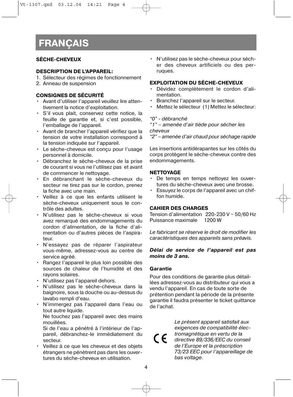 Français | Vitek VT-1307 User Manual | Page 6 / 16