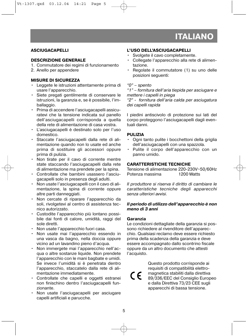 Italiano | Vitek VT-1307 User Manual | Page 7 / 16