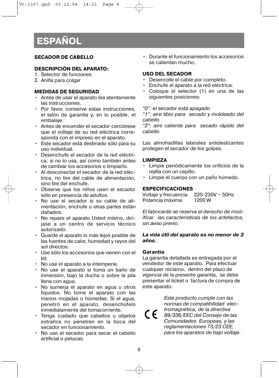 Español | Vitek VT-1307 User Manual | Page 8 / 16