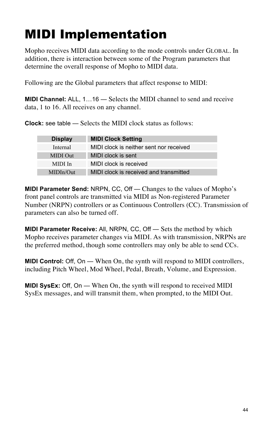 Midi implementation | Dave Smith Instruments MOPHO SE User Manual | Page 50 / 72