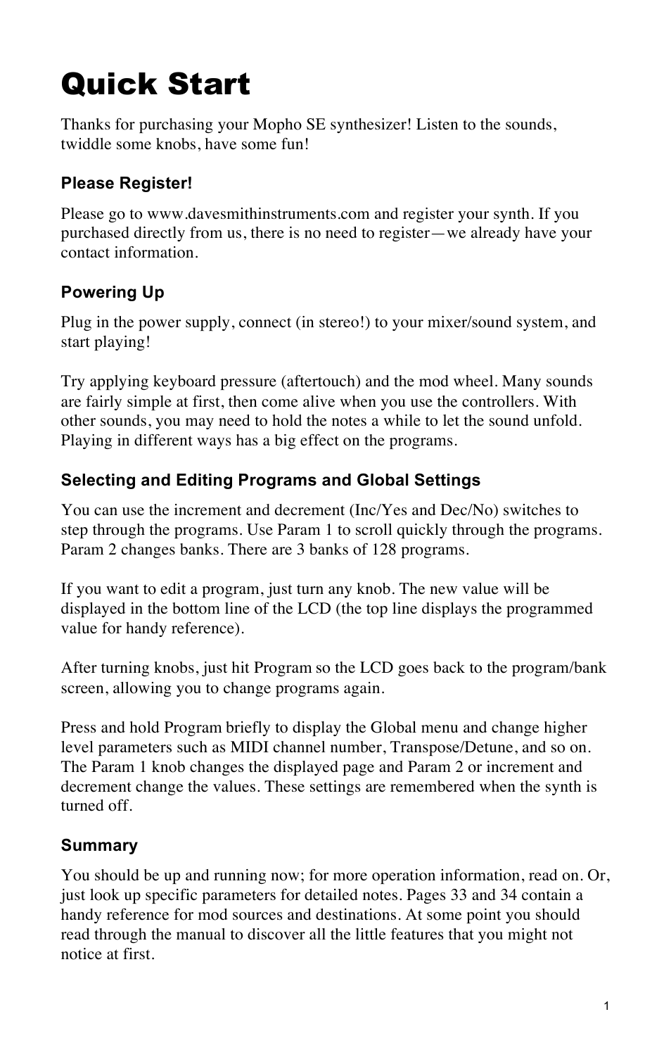 Quick start | Dave Smith Instruments MOPHO SE User Manual | Page 7 / 72