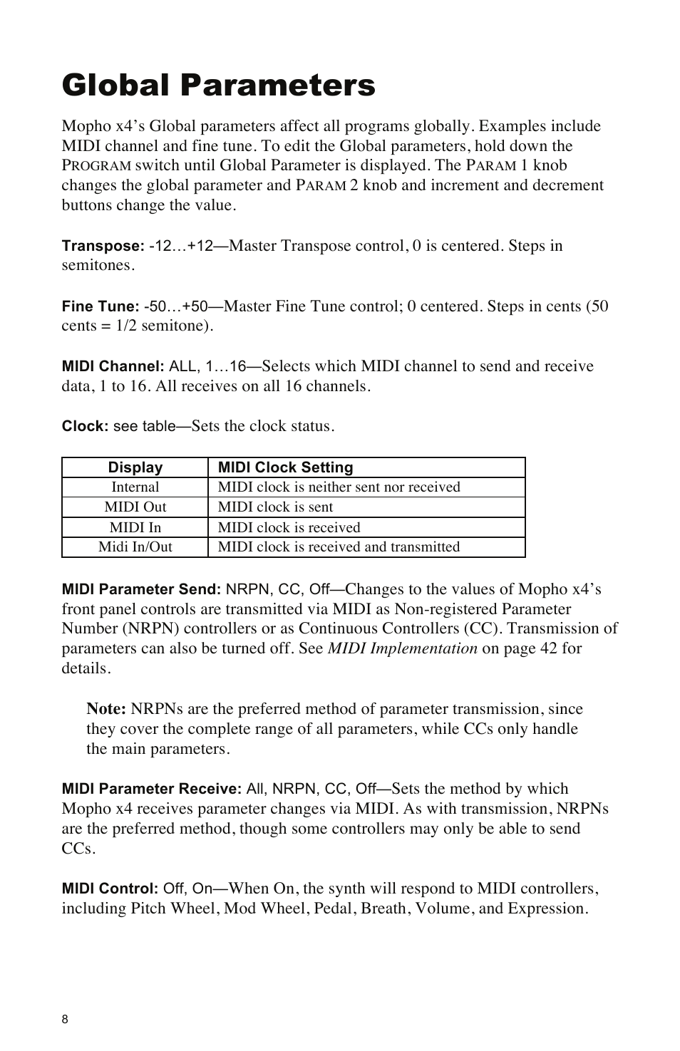 Global parameters | Dave Smith Instruments MOPHO X4 User Manual | Page 14 / 68