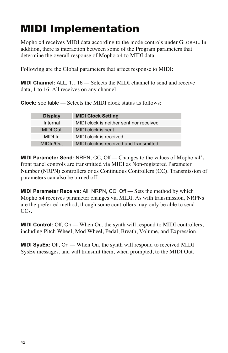 Midi implementation | Dave Smith Instruments MOPHO X4 User Manual | Page 48 / 68