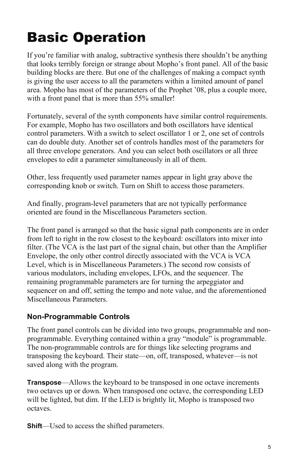 Basic operation, Non-programmable controls | Dave Smith Instruments MOPHO KEYBOARD User Manual | Page 11 / 68