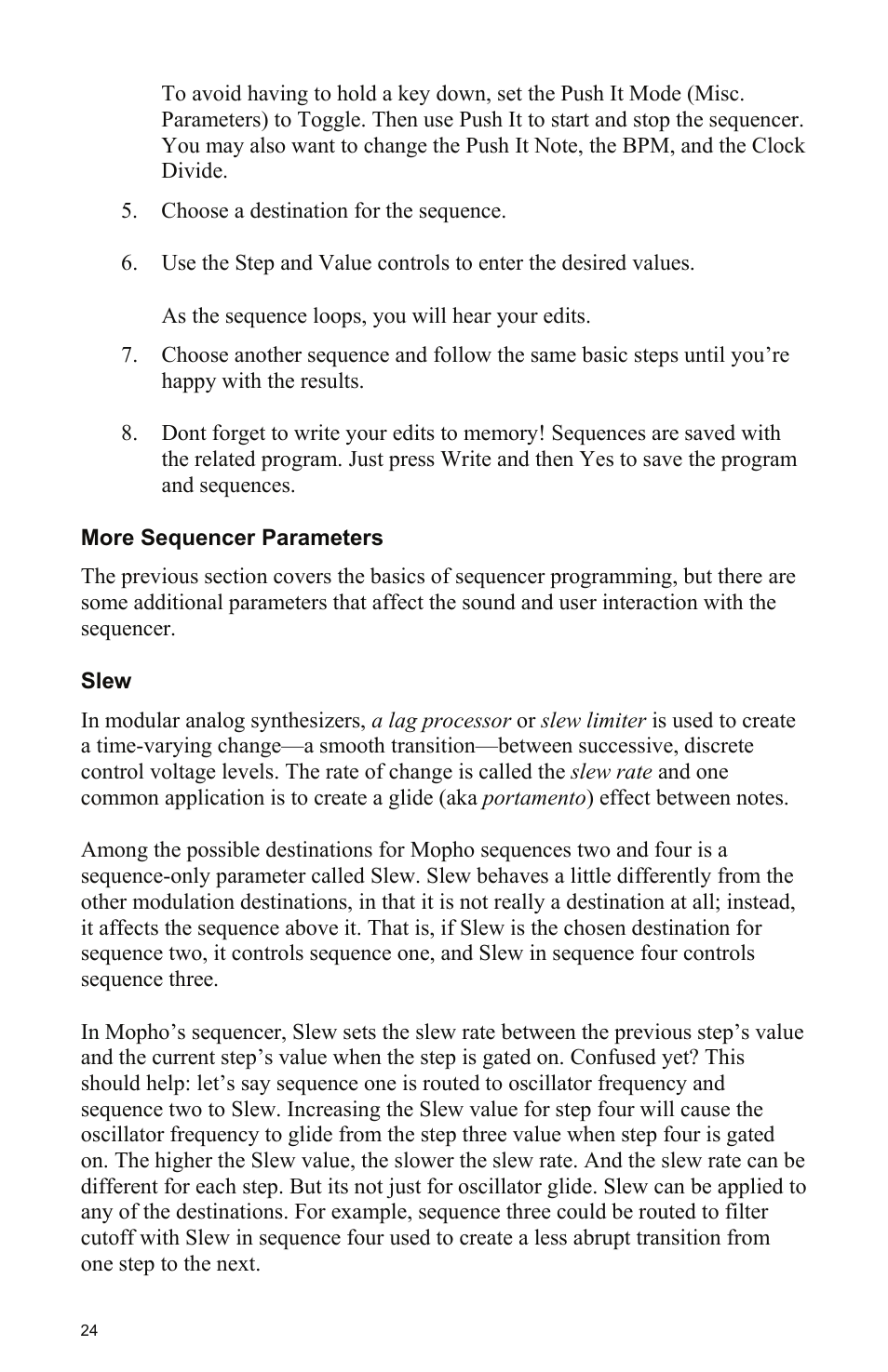 More sequencer parameters, Slew | Dave Smith Instruments MOPHO KEYBOARD User Manual | Page 30 / 68