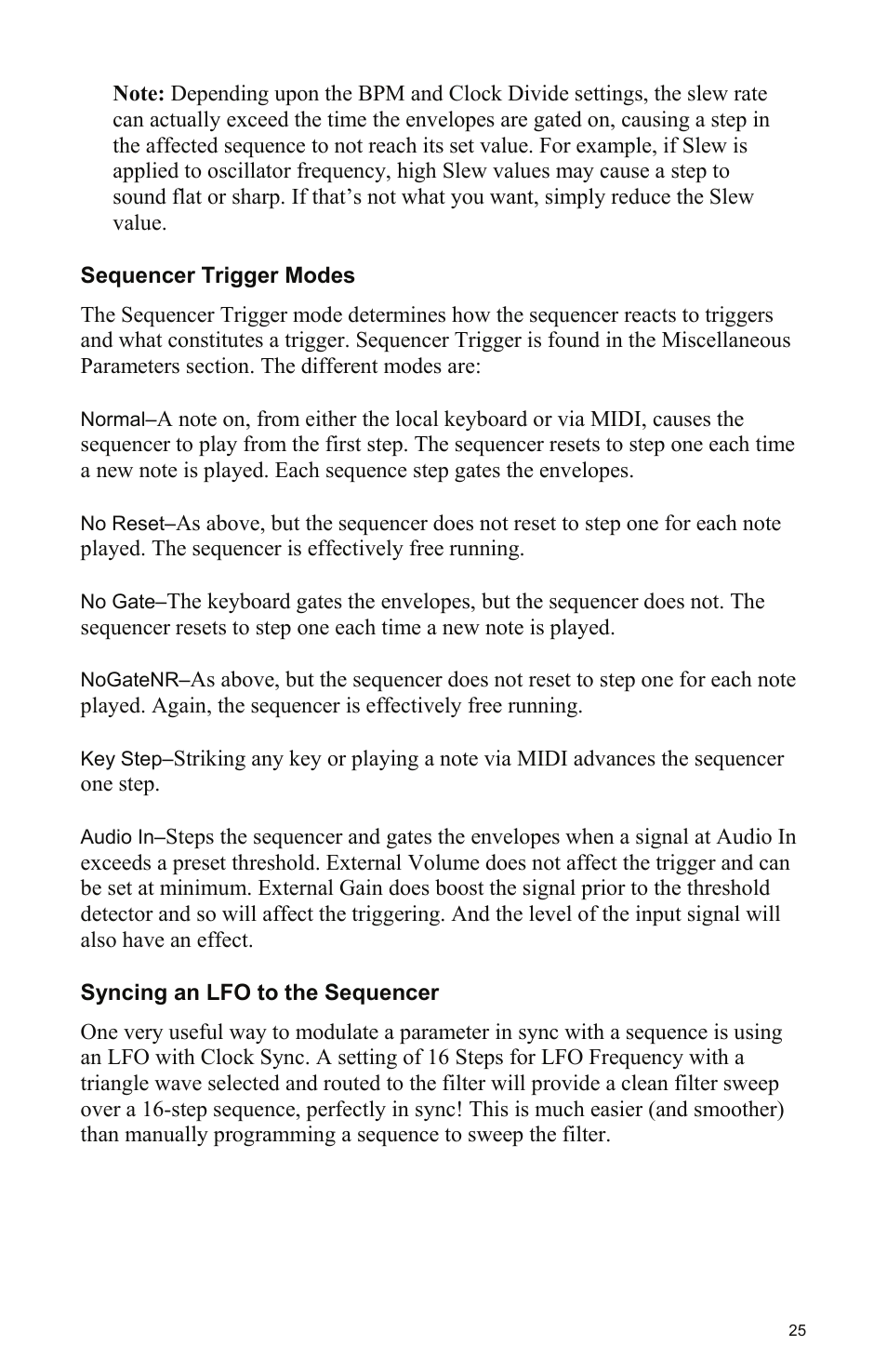 Sequencer trigger modes, Syncing an lfo to the sequencer | Dave Smith Instruments MOPHO KEYBOARD User Manual | Page 31 / 68