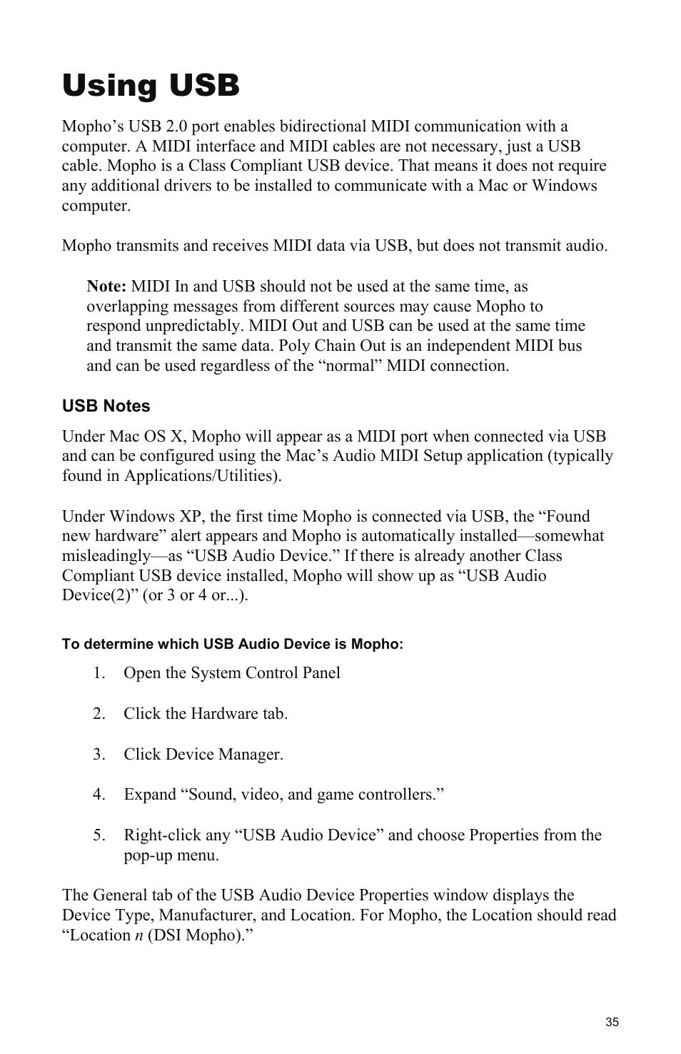 Using usb, Usb notes, Ge 35 | Dave Smith Instruments MOPHO KEYBOARD User Manual | Page 41 / 68
