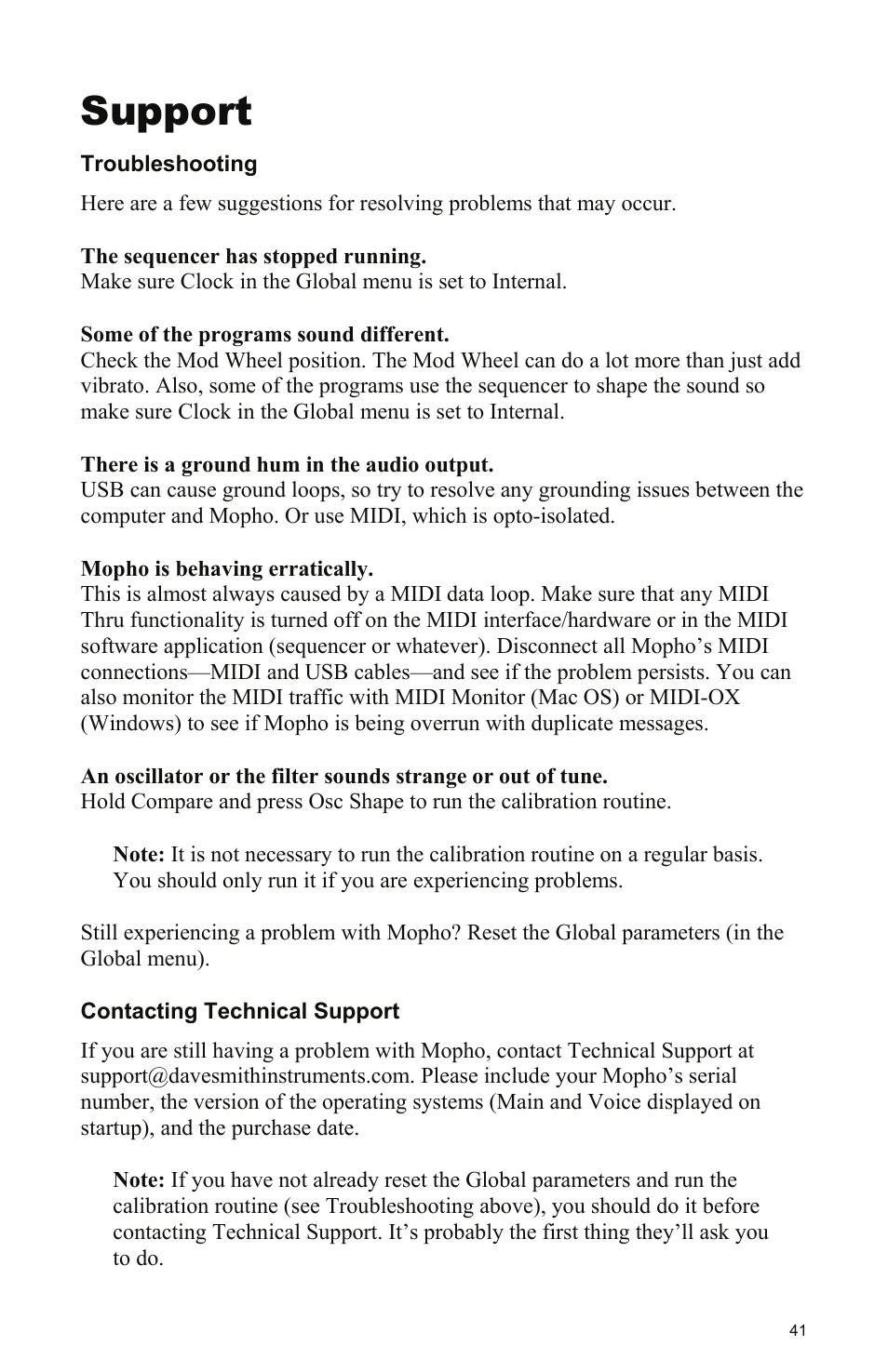 Support, Troubleshooting, Contacting technical support | Dave Smith Instruments MOPHO KEYBOARD User Manual | Page 47 / 68