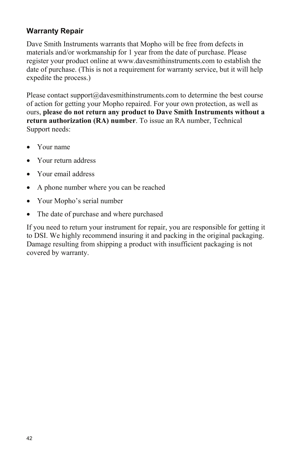 Warranty repair | Dave Smith Instruments MOPHO KEYBOARD User Manual | Page 48 / 68