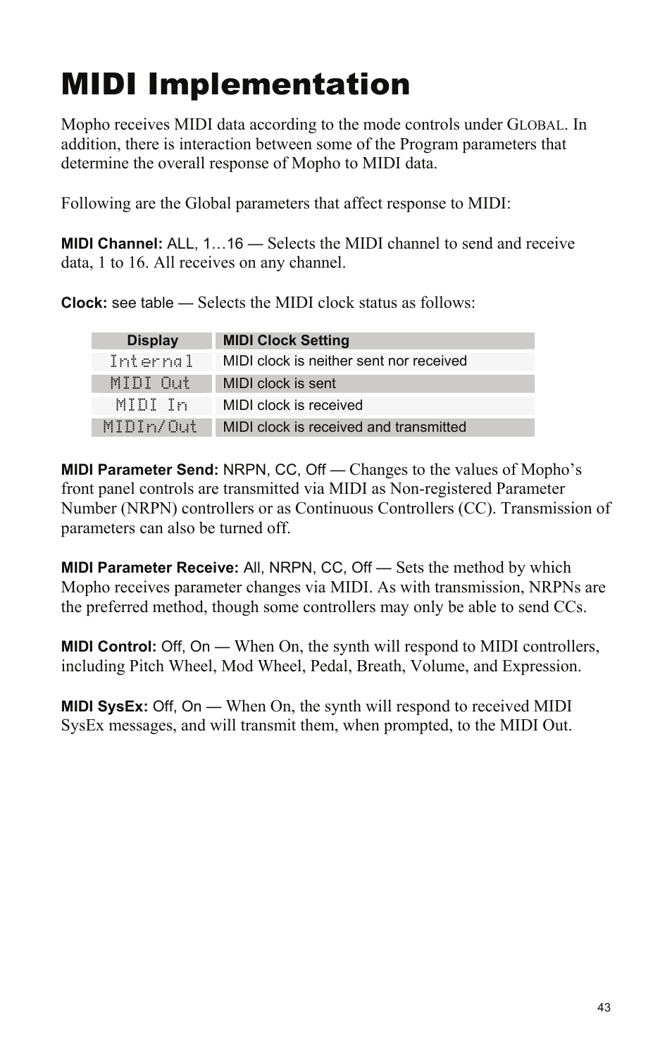 Midi implementation | Dave Smith Instruments MOPHO KEYBOARD User Manual | Page 49 / 68