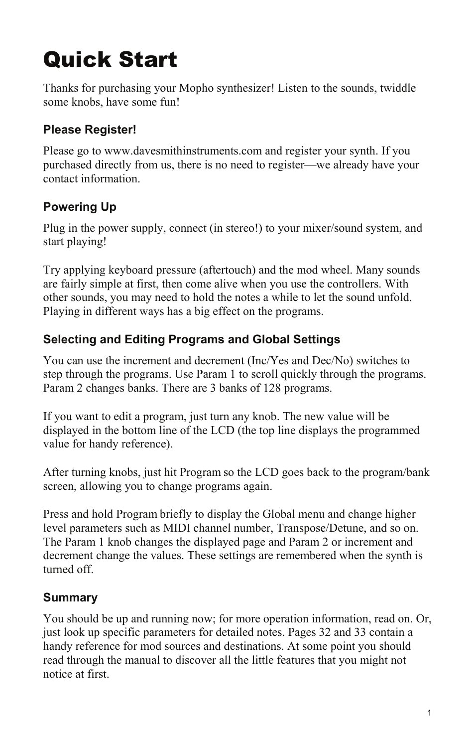 Quick start, Please register, Powering up | Selecting and editing programs and global settings, Summary | Dave Smith Instruments MOPHO KEYBOARD User Manual | Page 7 / 68