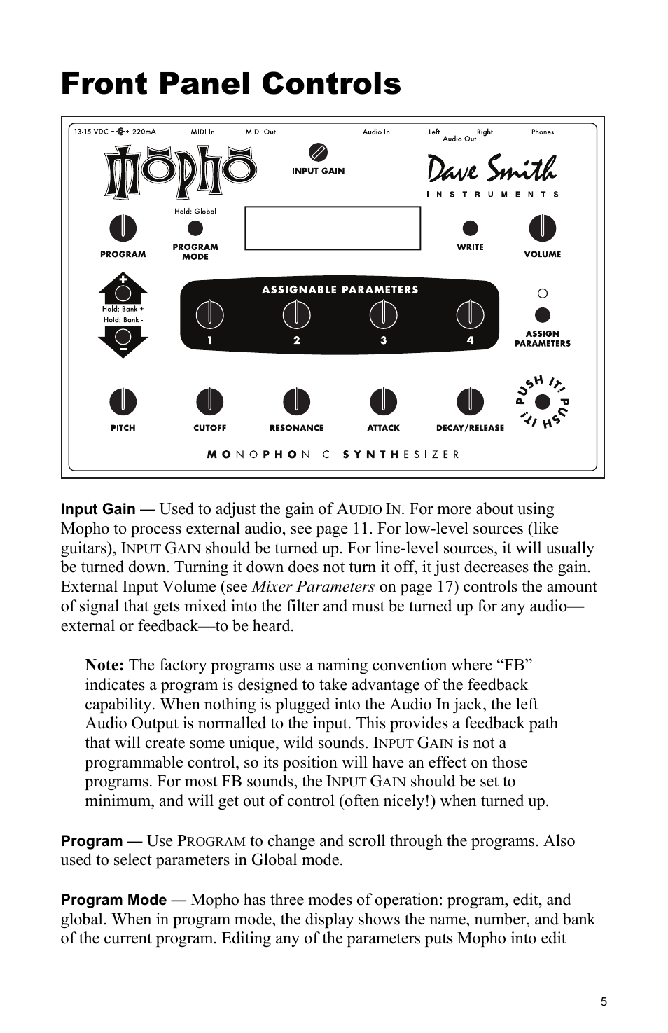 Front panel controls | Dave Smith Instruments MOPHO User Manual | Page 11 / 52