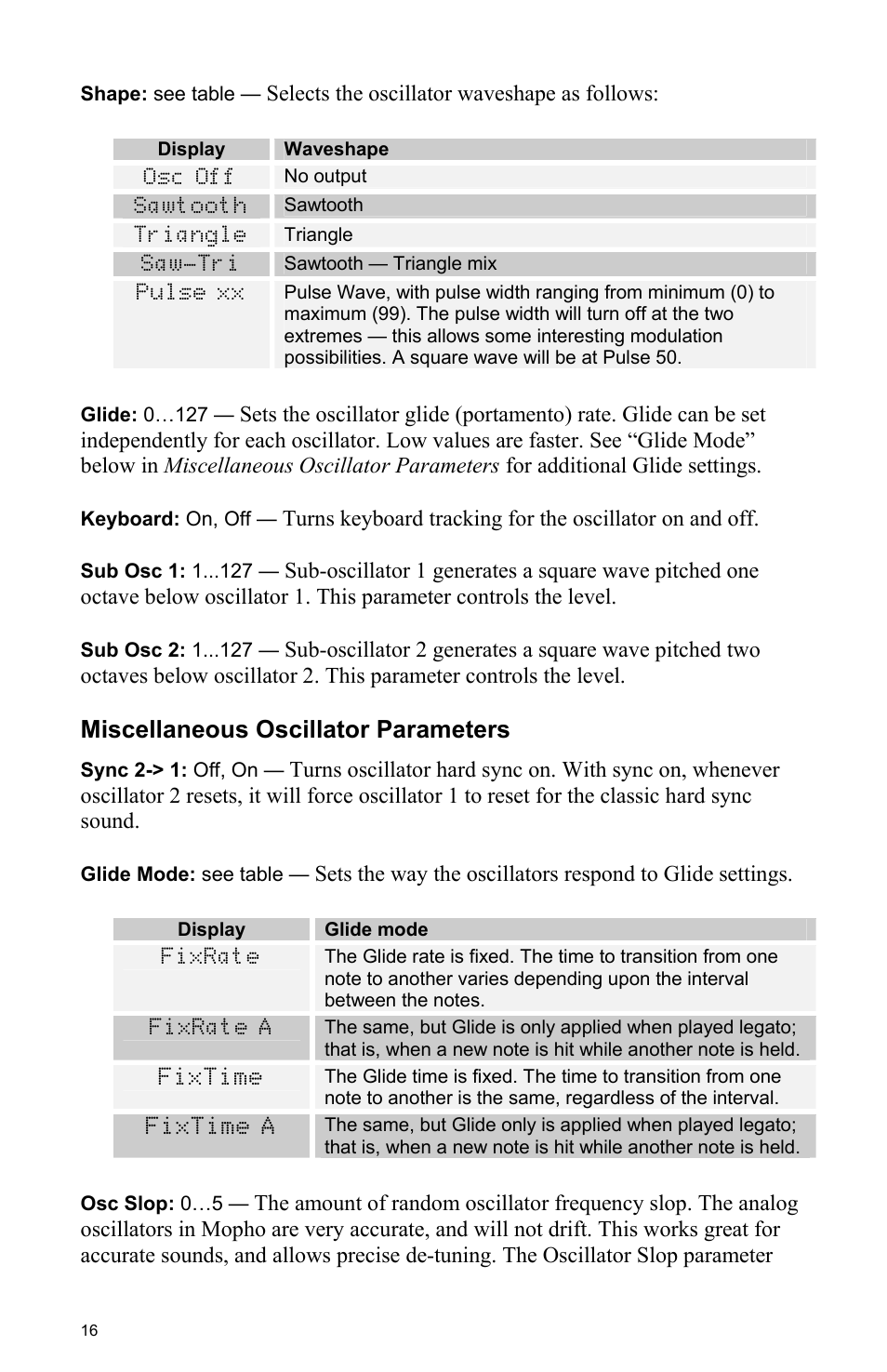 Miscellaneous oscillator parameters | Dave Smith Instruments MOPHO User Manual | Page 22 / 52