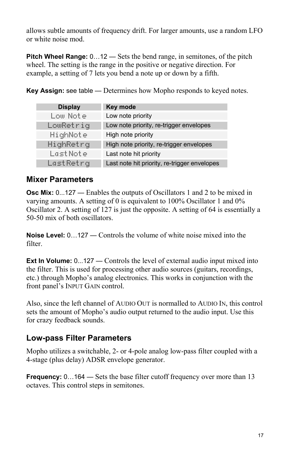 Mixer parameters, Low-pass filter parameters | Dave Smith Instruments MOPHO User Manual | Page 23 / 52