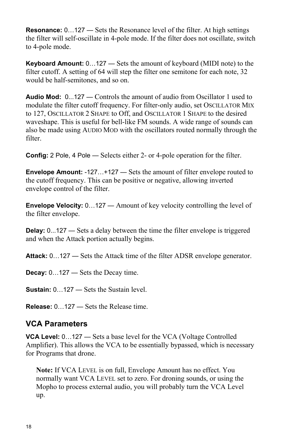 Vca parameters | Dave Smith Instruments MOPHO User Manual | Page 24 / 52