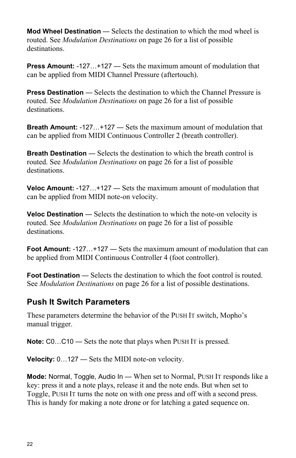 Push it switch parameters | Dave Smith Instruments MOPHO User Manual | Page 28 / 52