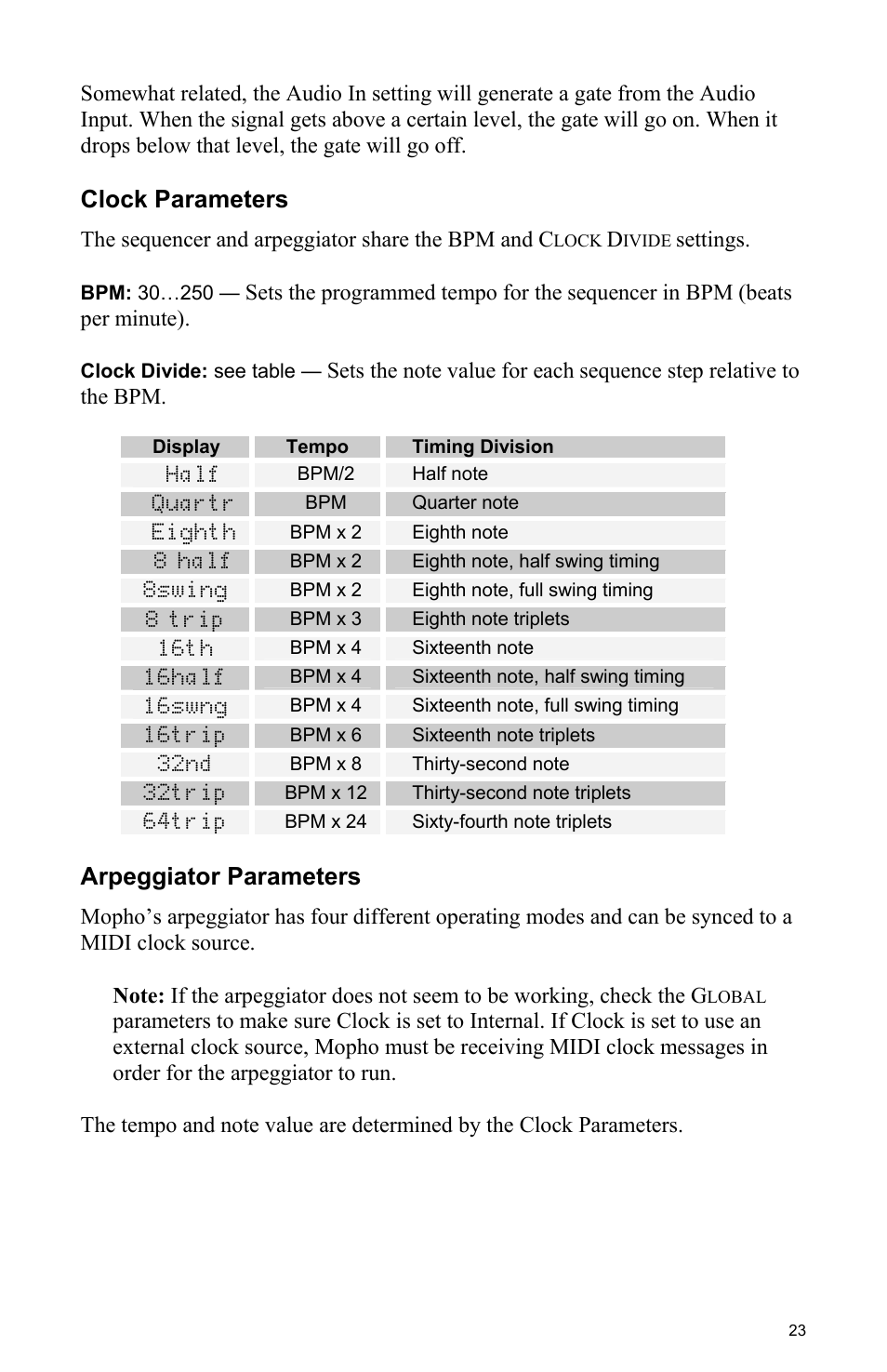 Clock parameters, Arpeggiator parameters | Dave Smith Instruments MOPHO User Manual | Page 29 / 52