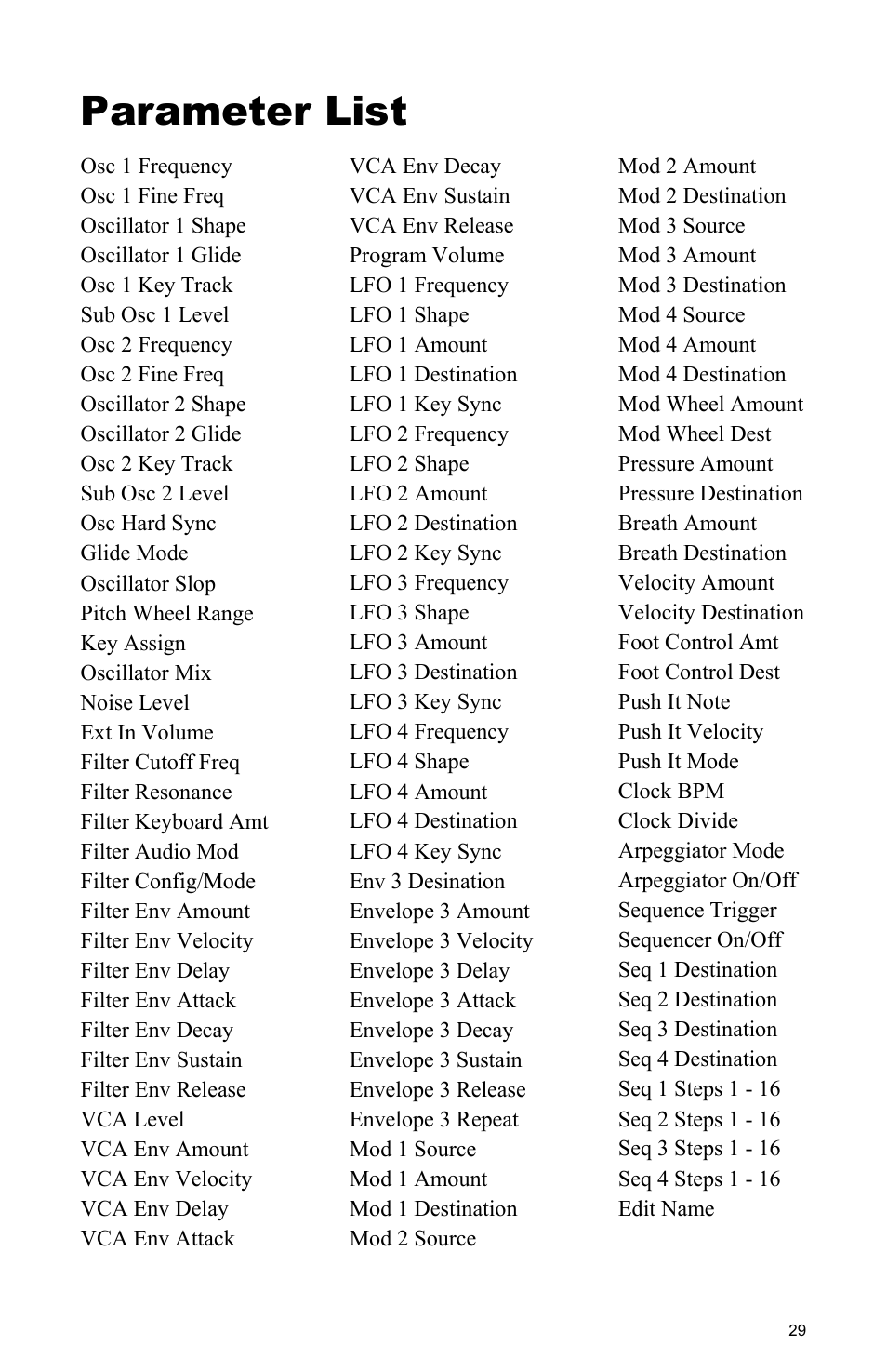Parameter list, E 29 | Dave Smith Instruments MOPHO User Manual | Page 35 / 52