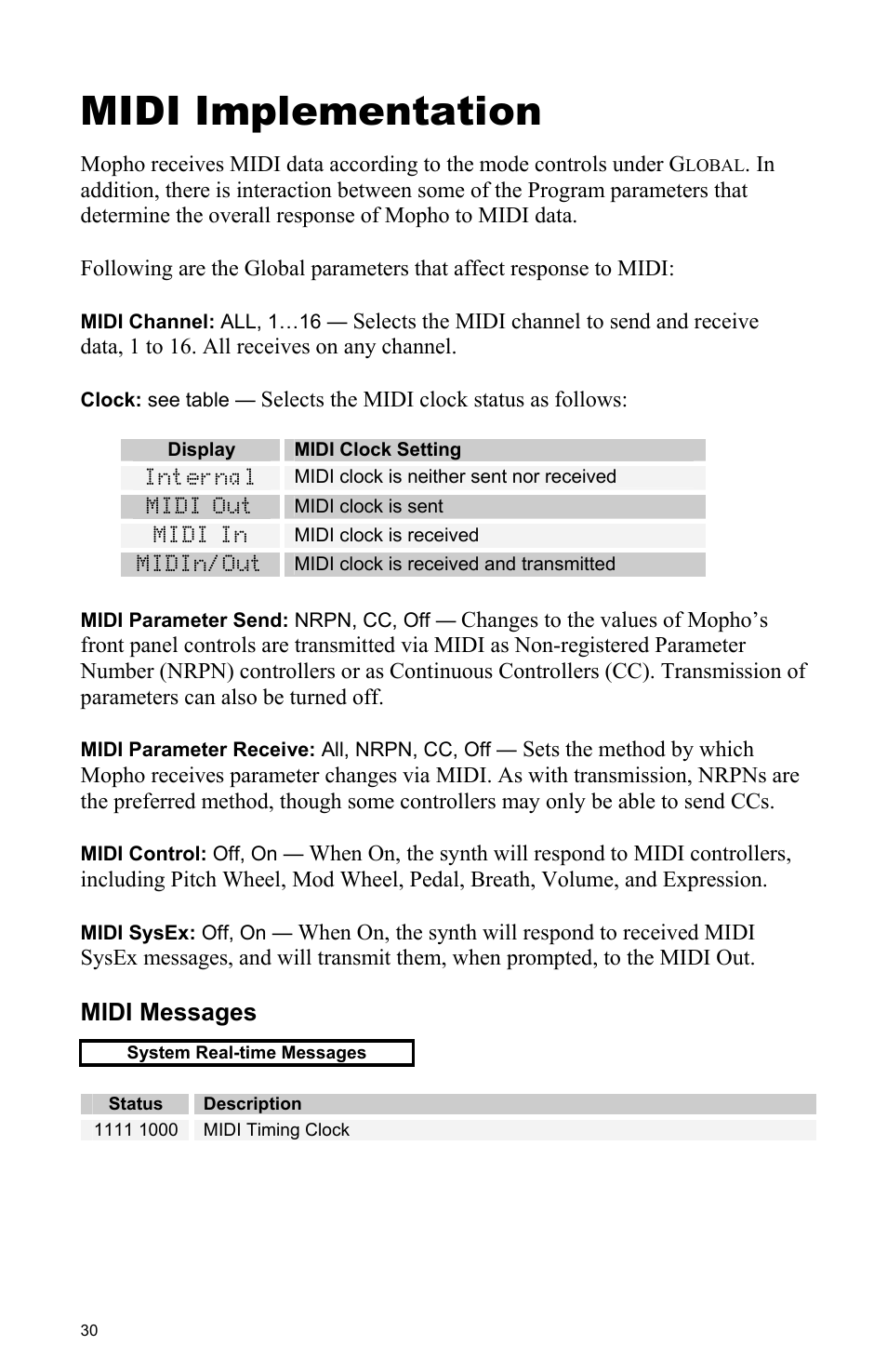 Midi implementation, Midi messages | Dave Smith Instruments MOPHO User Manual | Page 36 / 52