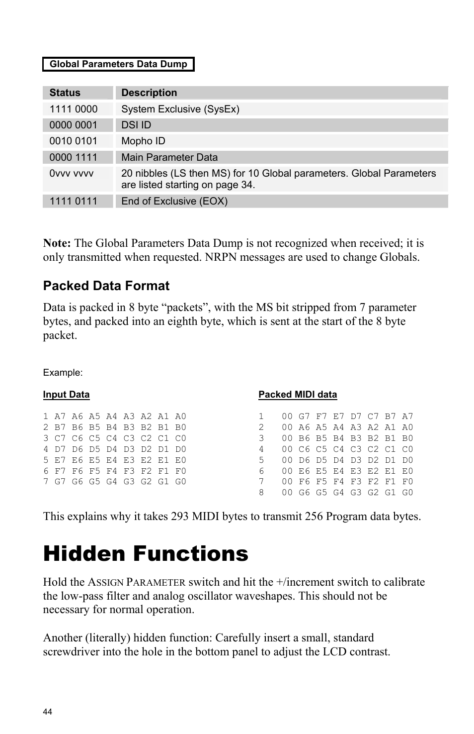 Packed data format, Hidden functions, Hold the a | Dave Smith Instruments MOPHO User Manual | Page 50 / 52