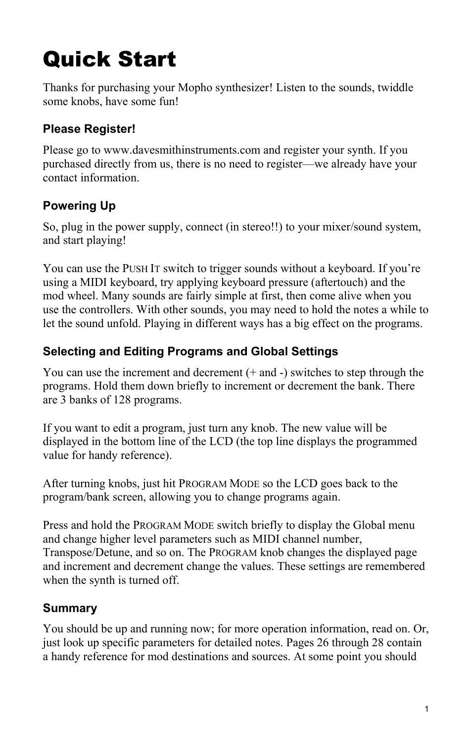 Quick start, Please register, Powering up | Selecting and editing programs and global settings, Summary | Dave Smith Instruments MOPHO User Manual | Page 7 / 52