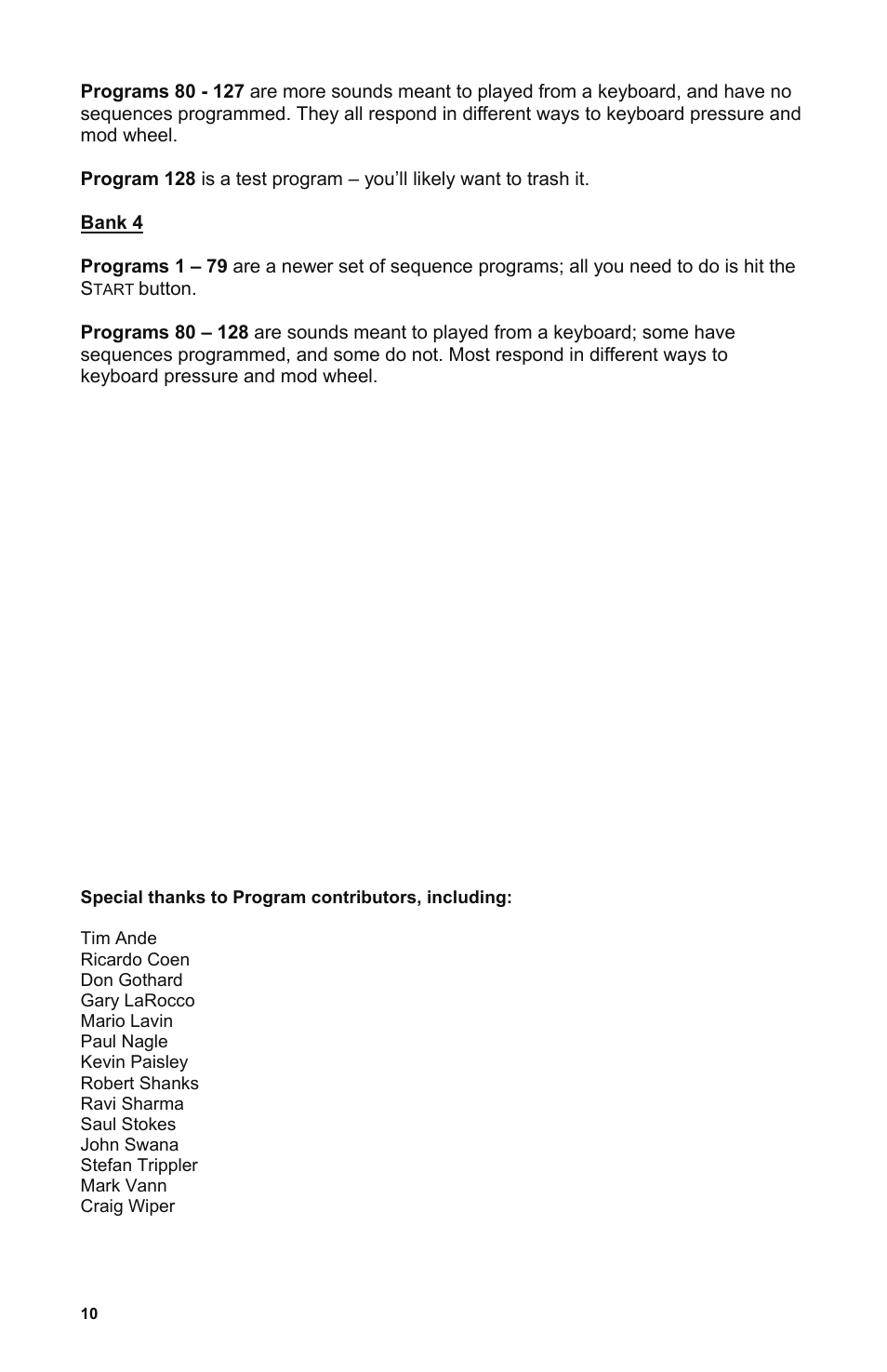 Bank 4, Special thanks to program contributors, including, Craig wiper | Dave Smith Instruments EVOLVER User Manual | Page 10 / 64