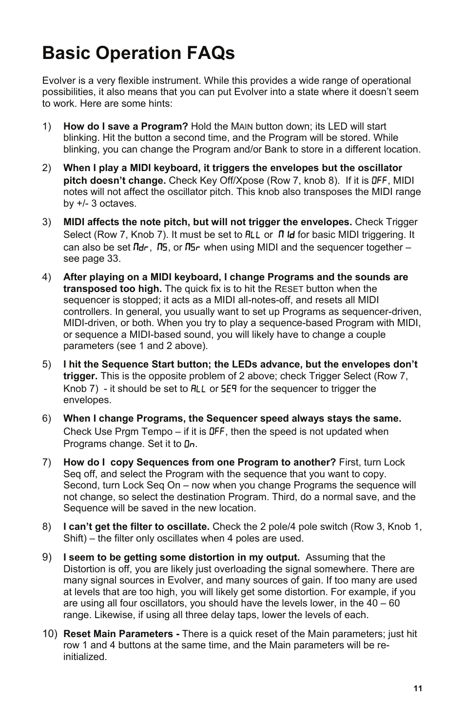 Basic operation faqs | Dave Smith Instruments EVOLVER User Manual | Page 11 / 64