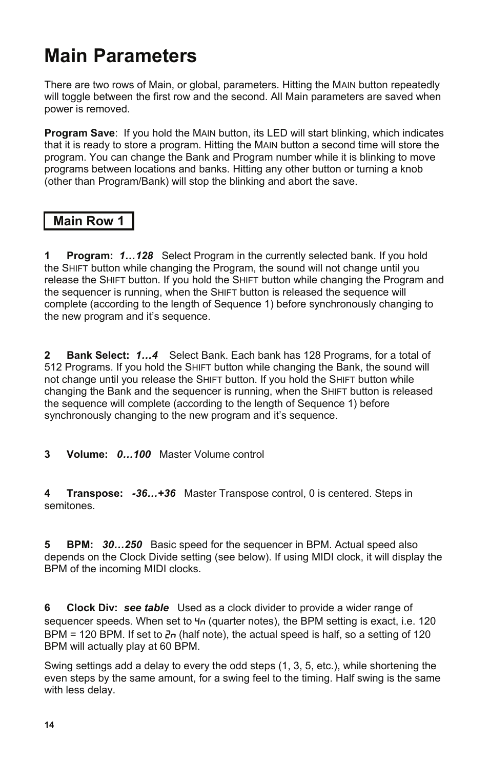 Main parameters, Main row 1 | Dave Smith Instruments EVOLVER User Manual | Page 14 / 64