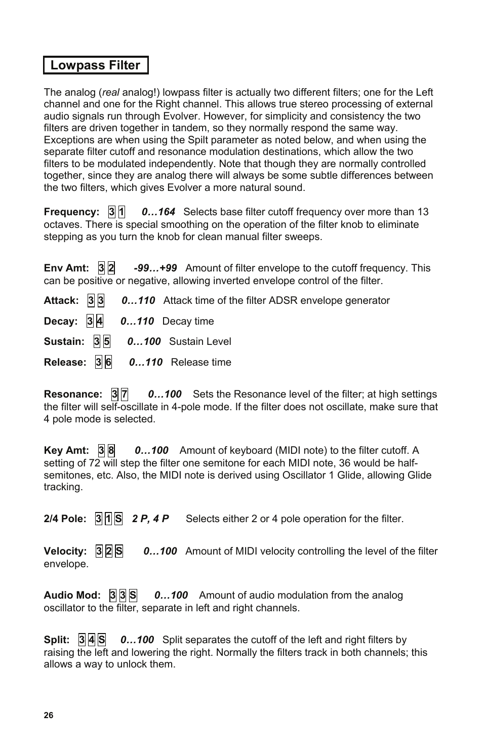 Lowpass filter | Dave Smith Instruments EVOLVER User Manual | Page 26 / 64