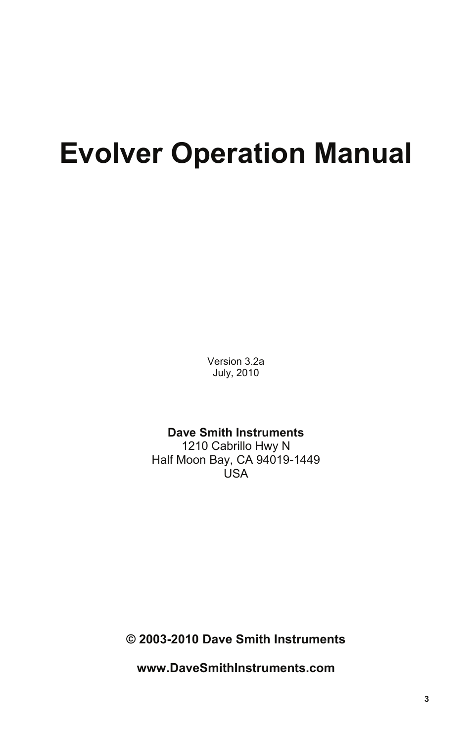 Dave smith instruments, 1210 cabrillo hwy n, Half moon bay, ca 94019-1449 | Evolver operation manual | Dave Smith Instruments EVOLVER User Manual | Page 3 / 64