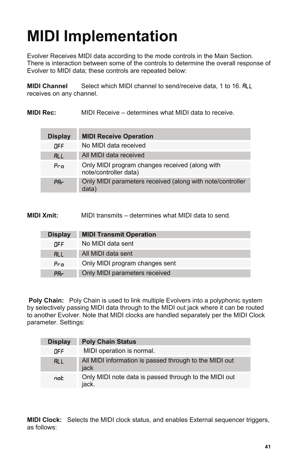 Midi implementation | Dave Smith Instruments EVOLVER User Manual | Page 41 / 64