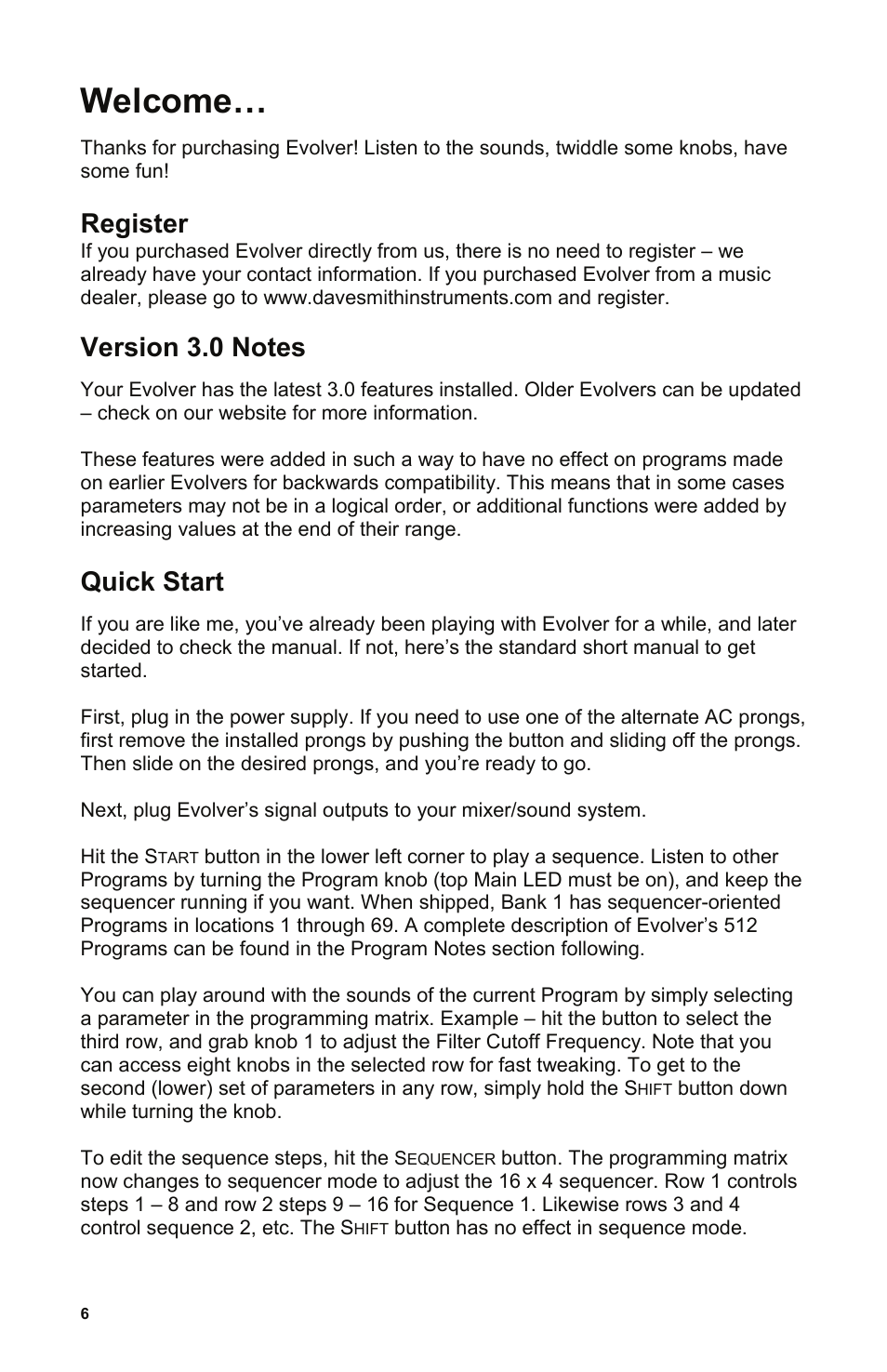 Register, Version 3.0 notes, Quick start | Welcome | Dave Smith Instruments EVOLVER User Manual | Page 6 / 64