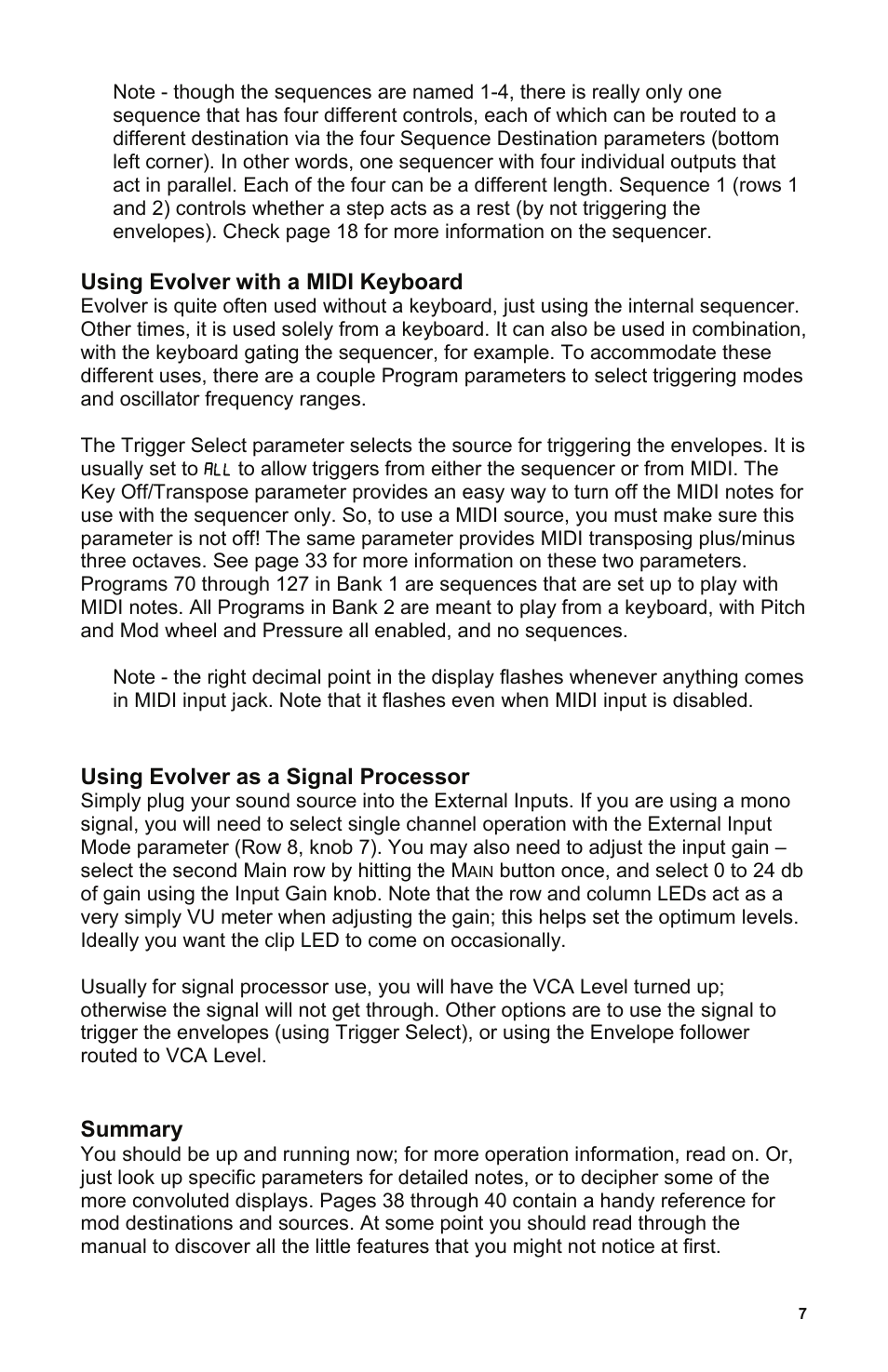 Using evolver with a midi keyboard, Using evolver as a signal processor, Summary | Dave Smith Instruments EVOLVER User Manual | Page 7 / 64