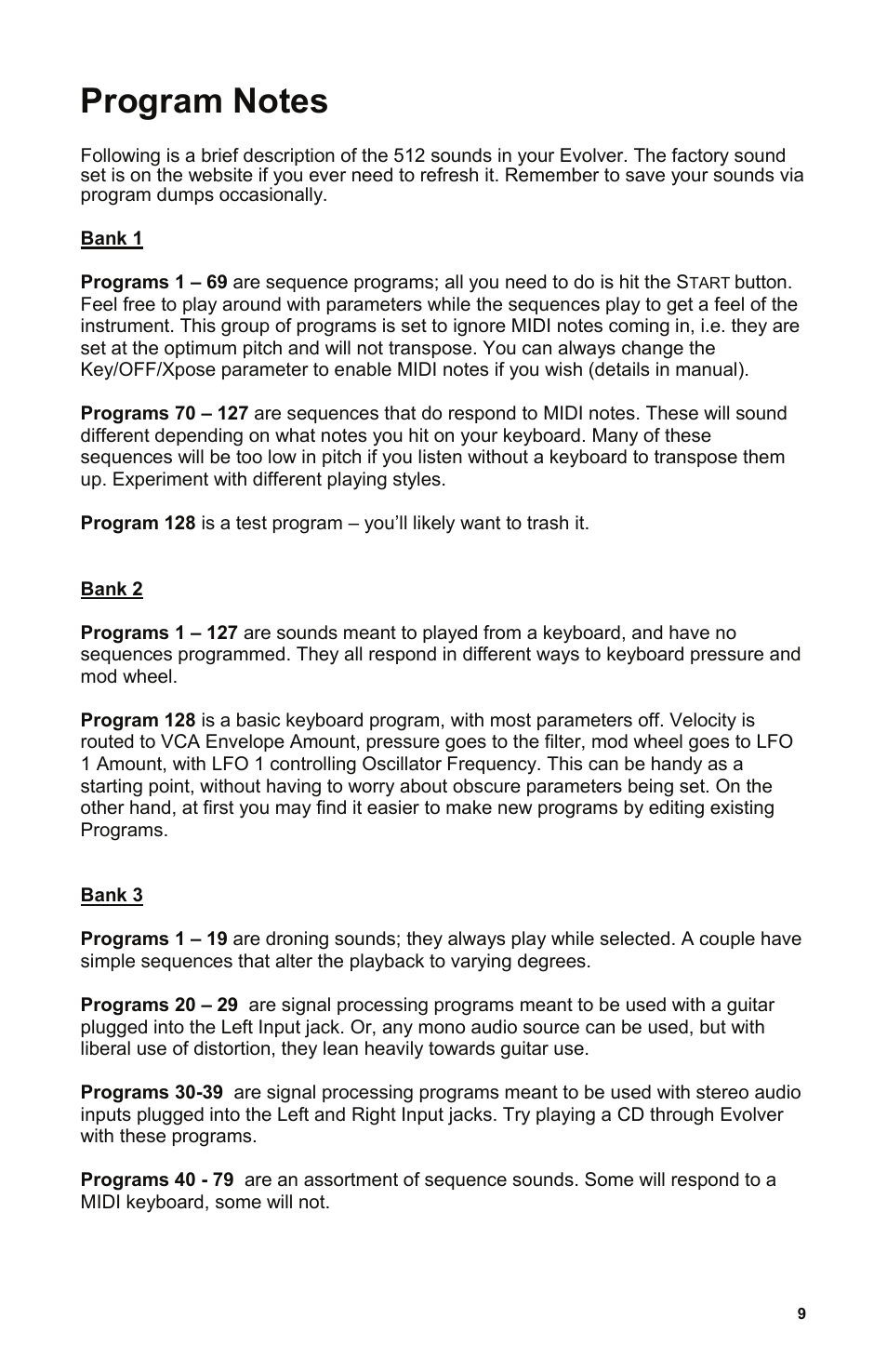 Program notes, Bank 1 | Dave Smith Instruments EVOLVER User Manual | Page 9 / 64