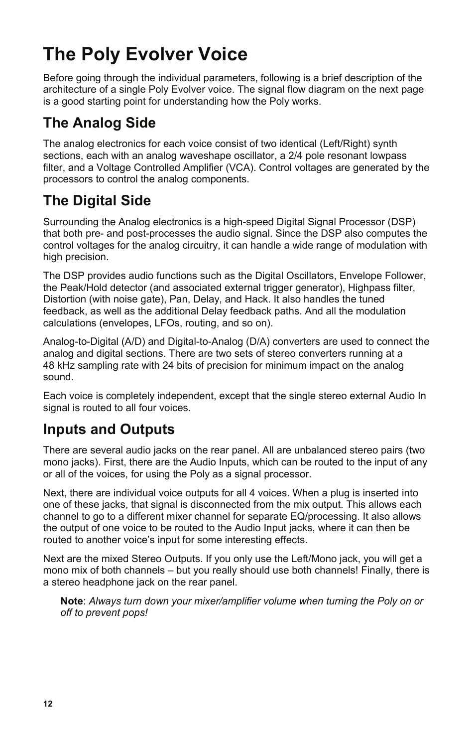 The analog side, The digital side, Inputs and outputs | The poly evolver voice | Dave Smith Instruments POLY EVOLVER KEYBOARD User Manual | Page 12 / 76