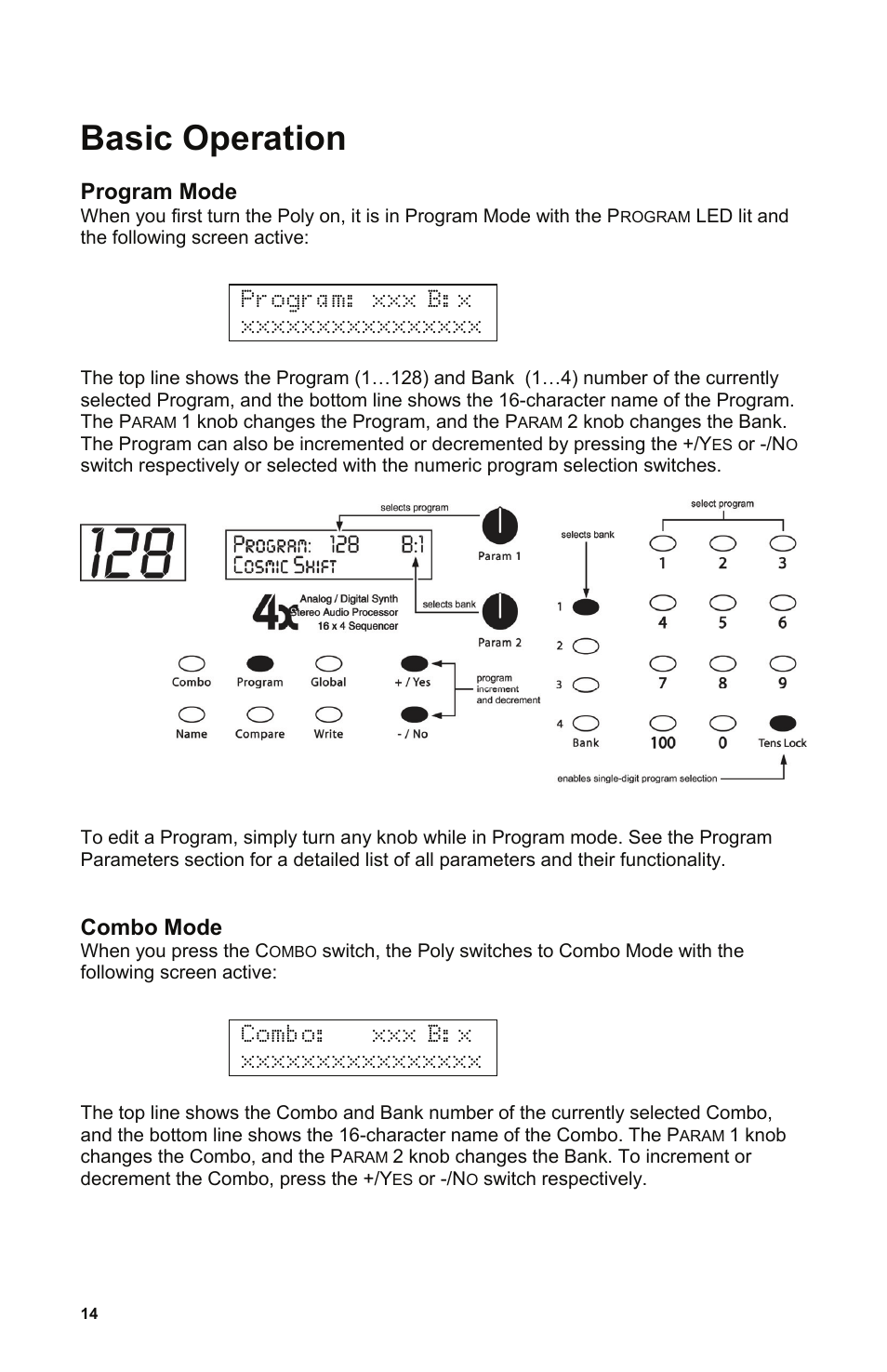 Basic operation, Program mode, Combo mode | Dave Smith Instruments POLY EVOLVER KEYBOARD User Manual | Page 14 / 76