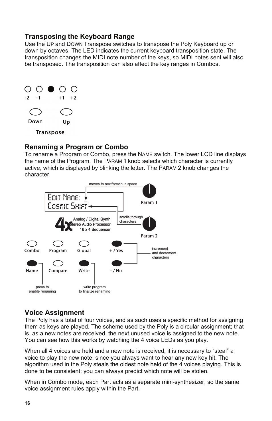 Transposing the keyboard range, Renaming a program or combo, Voice assignment | Dave Smith Instruments POLY EVOLVER KEYBOARD User Manual | Page 16 / 76