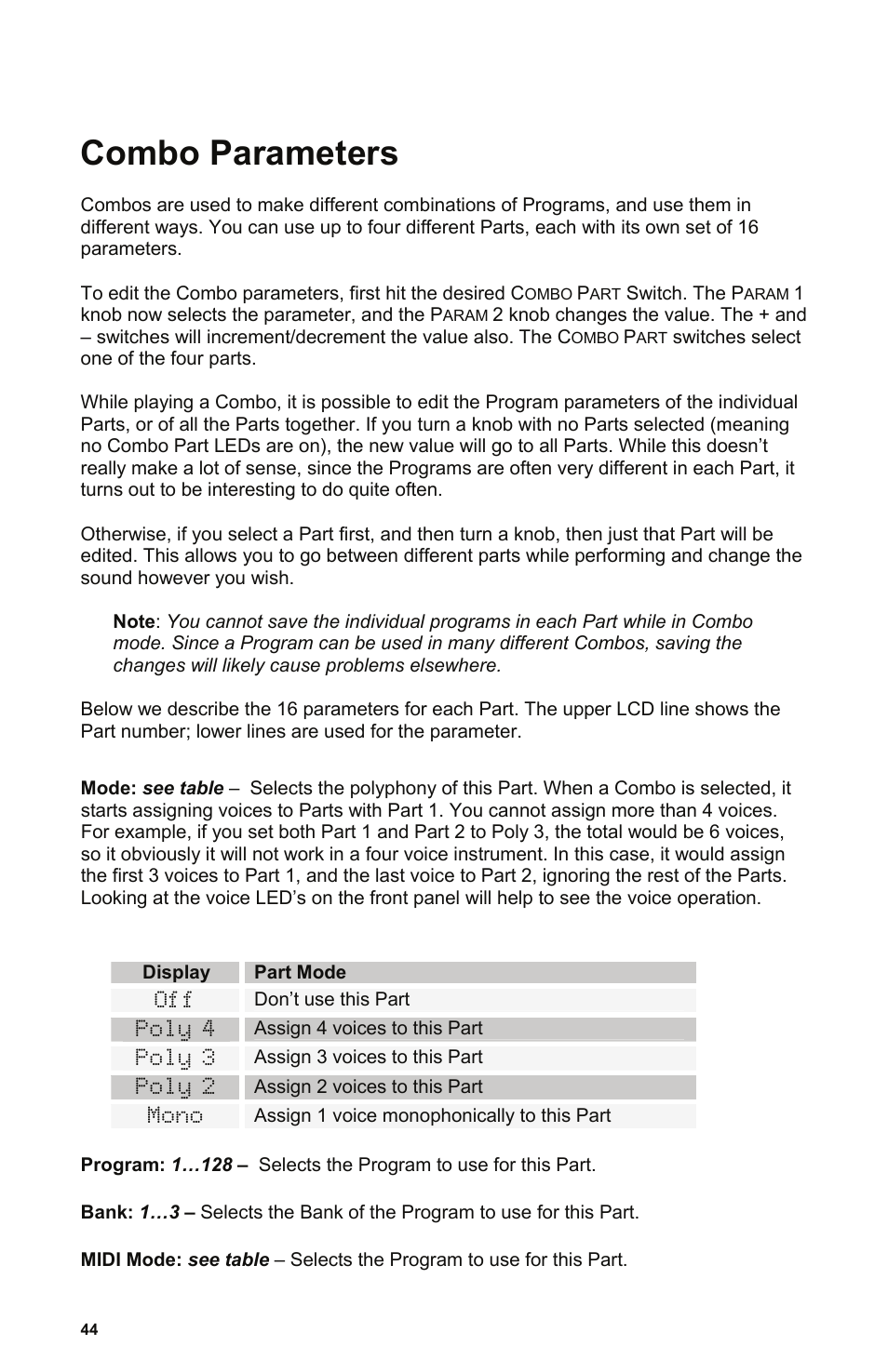 Combo parameters | Dave Smith Instruments POLY EVOLVER KEYBOARD User Manual | Page 44 / 76